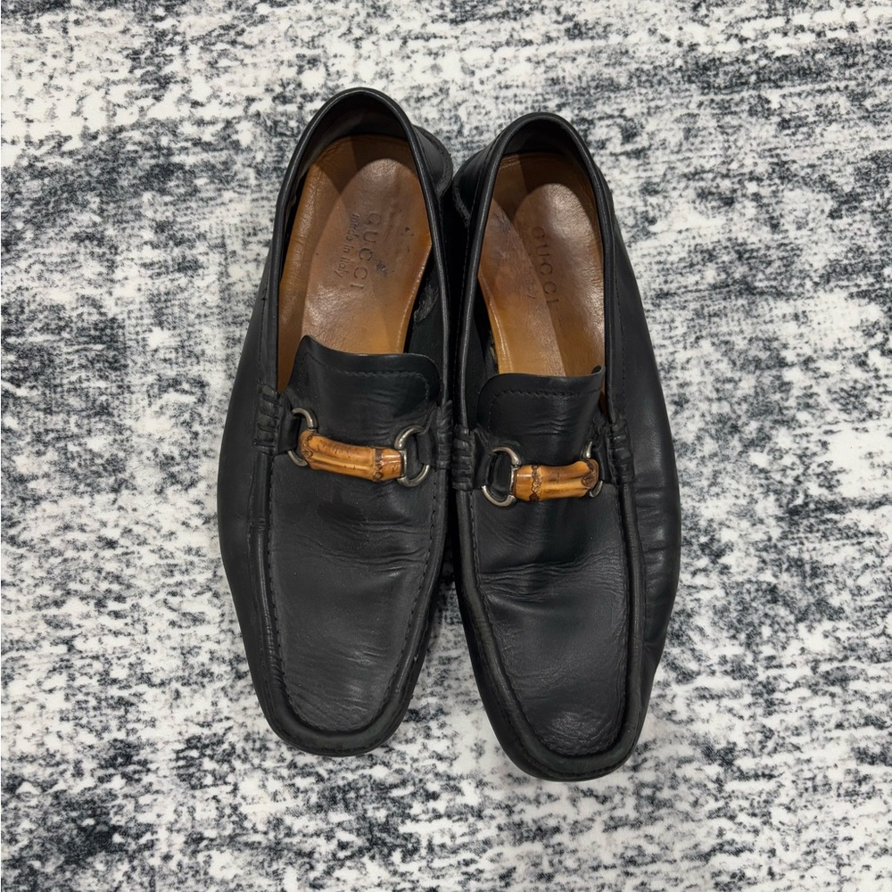 Gucci Black Leather Bamboo Horsebit Slip on Loafers